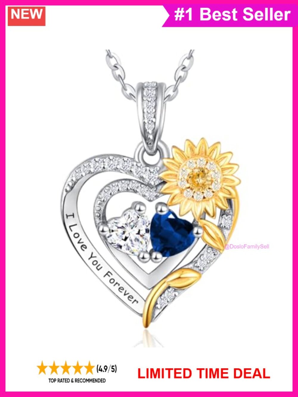925 Sterling Silver Sunflower Heart Necklace 2 Birthstones Pendant Gift